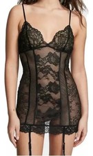 VICTORIA'S SECRET Sz L Black Lace Lingerie Babydoll Slip Chemise Garter Straps