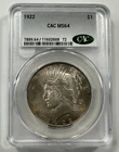 1922-P $1 Peace Dollar CAC MS64 90% Silver US Coin