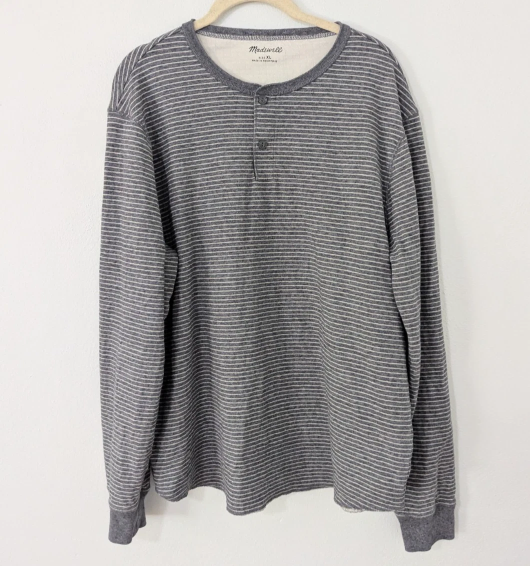 Madewell Doubledown Henley Tee Striped Long Sleeve Knit Gray White XL