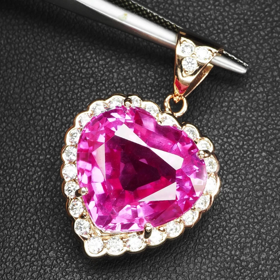 Ciondolo aureola cuore zaffiro rosa magenta 17,45 ct argento sterling 925... - Immagine 3 di 4