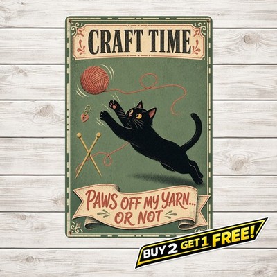 Black Cat Sewing Room Decor Tin Sign Yarn Hobby Wall Art Plaque