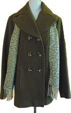 PRESTON & YORK WOMENS BROWN DOUBLE BREASTED PEACOAT JACKET COAT LEOPARD SCARF~14