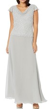 J Kara Women's Beaded Cowl Neck Flutter Sleeve Long Dress Size 8 Silver