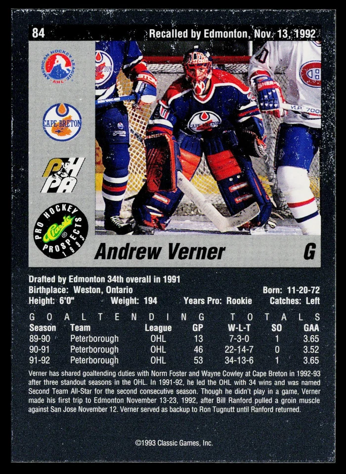 1993 Classic Pro Prospects #84 Andrew Verner Cape Breton Oilers - Image 2 of 2