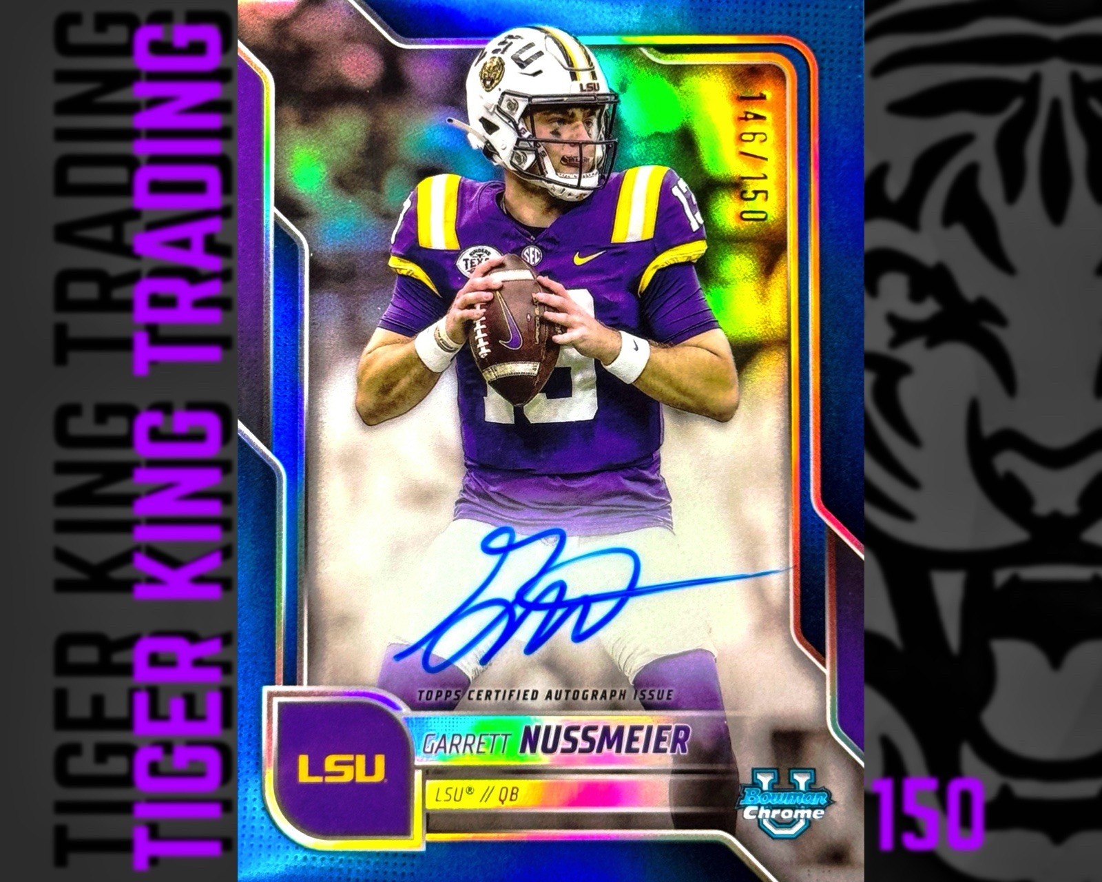 2025 Bowman University Chrome Garrett Nussmeier Blue Auto /150 #BCA-GN LSU