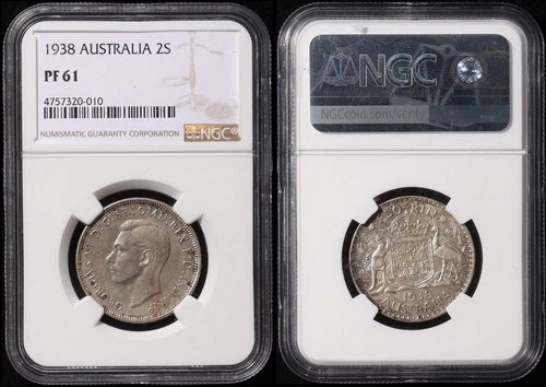 AUSTRALIA 1938 KGVI Melbourne Proof 2/- Florin Slabbed NGC PF61. Ren cat $32,500