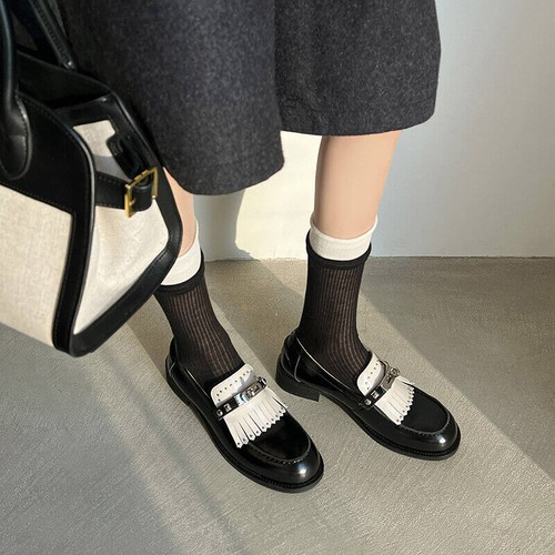 Moda Mujer Cuero Punta Redonda Borla Tachuelas Zapatos Hebilla Correa Mocasines Fiesta - Imagen 7 de 14