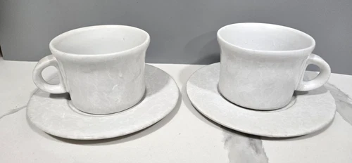 Set Of 2 Bennington Potters Vermont Cups And Saucers Agate White Glazed