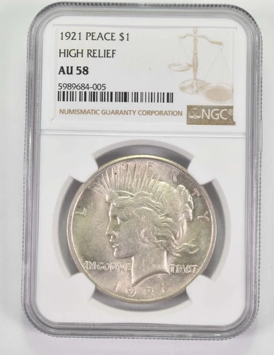 AU58 1921 Peace Silver Dollar - High Relief - Graded NGC *9695