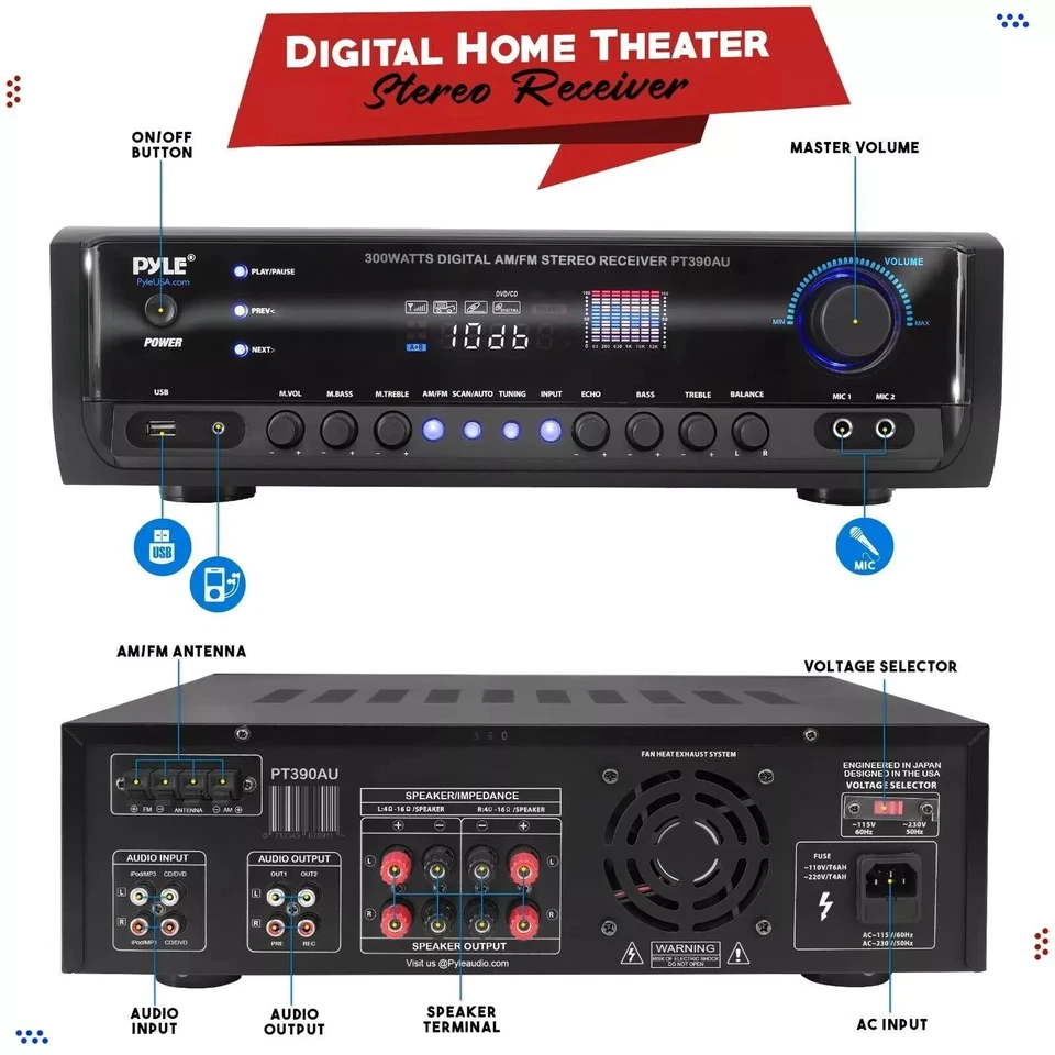 Pyle 300W Digital Stereo Receiver System USB/SD Memory Readers PT390AU NEW - Image 4 of 4