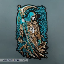 Grim Reaper Large Embroidered Patch - Death Back Patch - Skull-Themed Iron-On