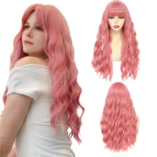  Synthetic Pink Wig with Bangs Long Wavy Curly 26 Inches for Daily Party Use