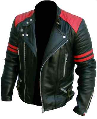 Mens leather Jacket Biker Style Moto Classic Design Red and Black Vintage Jacket