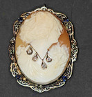14K Gold Cameo Filigree Multi Diamond Necklace Sapphires Brooch Pendant — photo 1
