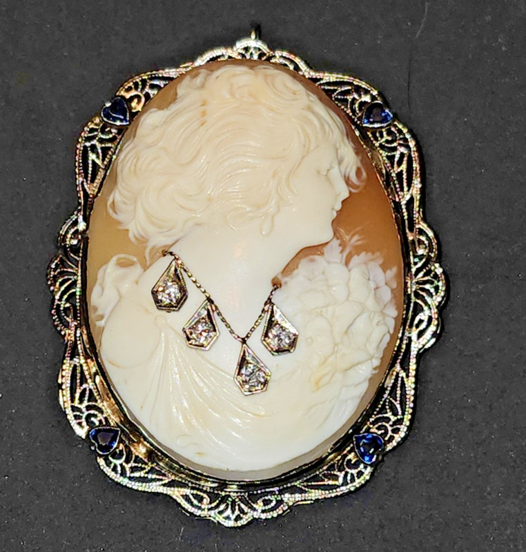 14K Gold Cameo Filigree Multi Diamond Necklace Sapphires Brooch Pendant