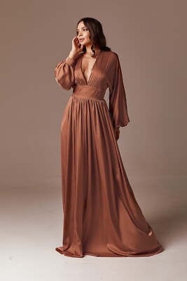 Bronze silk satin maxi dress for women V-neck long sleeve party wedding  guest | eBay