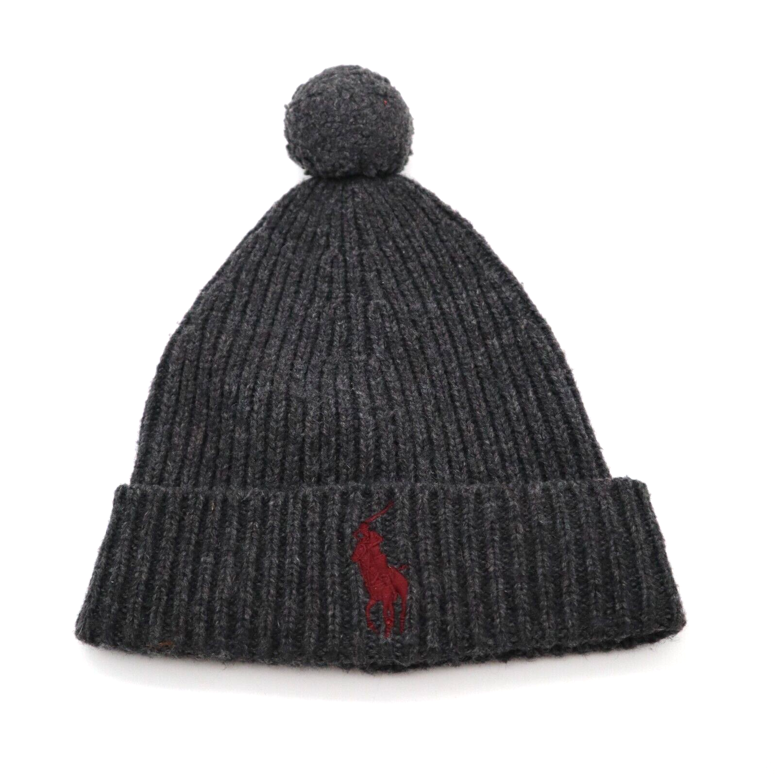Polo Ralph Lauren Big Pony Beanie berretto a costine in maglia con pom grigio e rosso