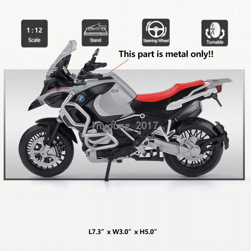 1:12 Scale BMW	R1250 GS Diecast Motorcycle Model Boys Toys Kids Gifts Sliver - Image 2 of 4