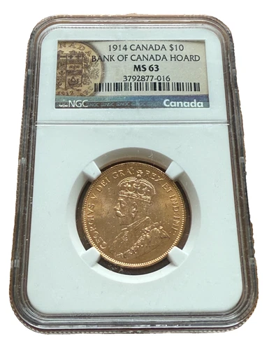 Canada 1914 Gold 10 Dollars $10 NGC MS63 George V Bank of Canada Hoard
