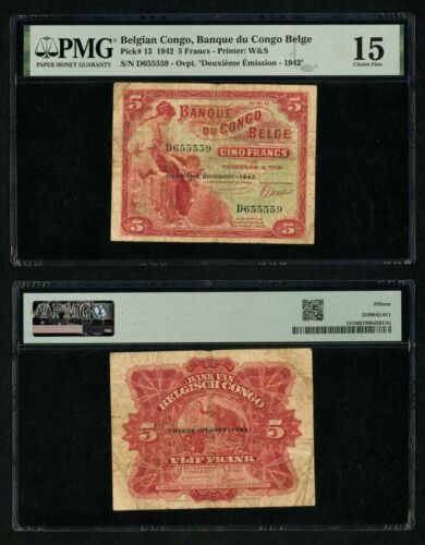 Bank of Belgian Congo 5 Francs Banknote Deuxieme Emission-1942 P #13 Choice Fine