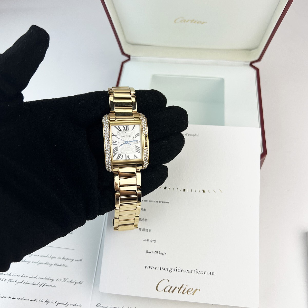 CARTIER TANK ANGLAISE 18K YELLOW GOLD DIAMOND WATCH. PRISTINE