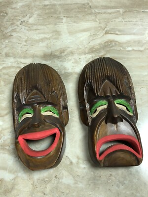 Vintage Handmade Wood Hawaiian Cottage Philippines Tiki Happy Sad