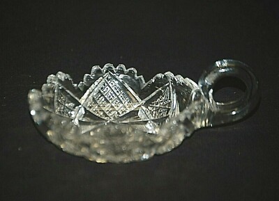 Crystal Cut Glass Candy Nut Dish Finger Loop Handle Sawtooth Edge