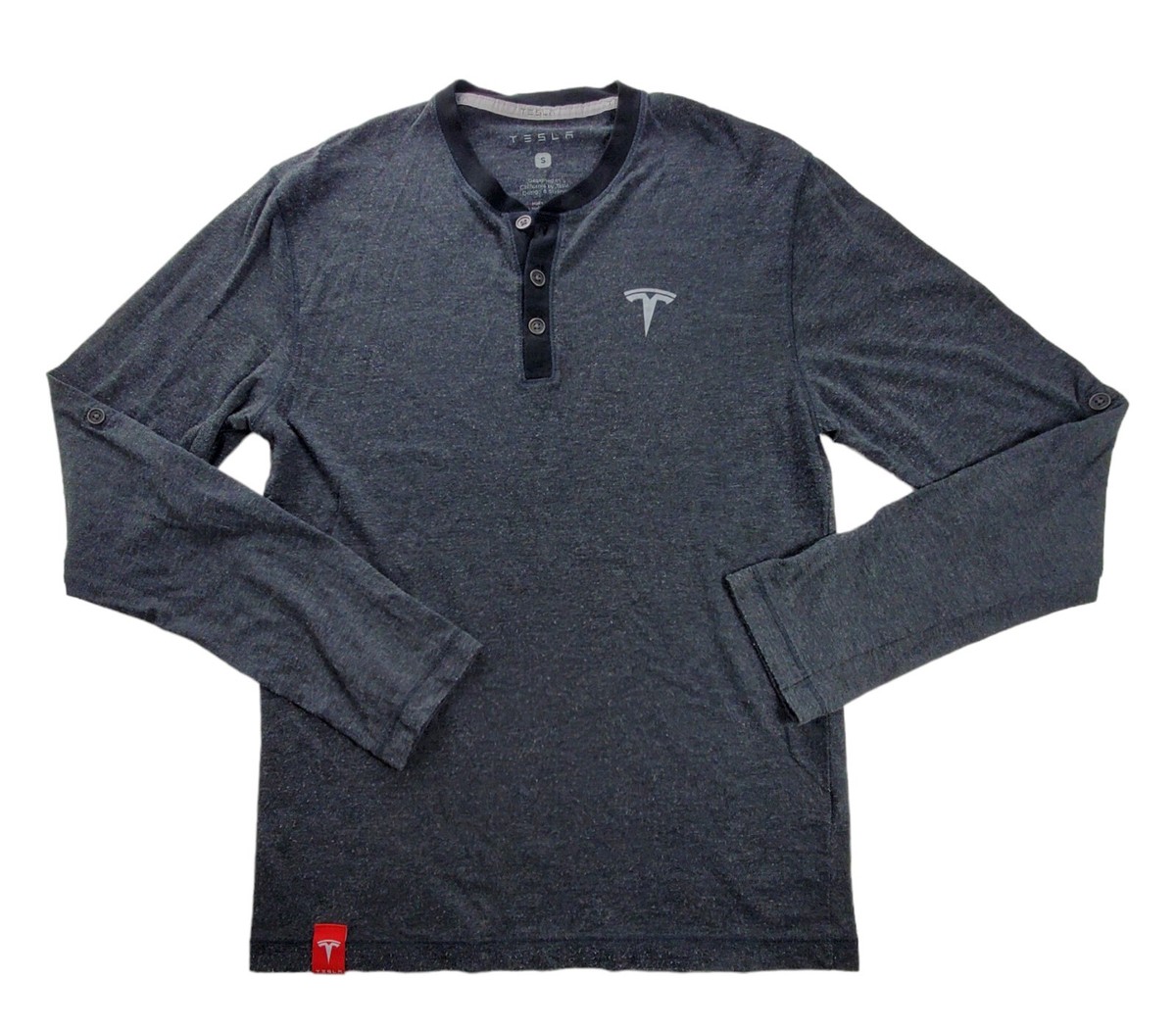 Tesla T Shirt Size Small Gray Long Sleeve Roll Tab Pullover Solid Henley Tee