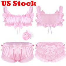 Men's Sissy Crossdresser Ruffled Satin Bra Crop Top and Boxer Bries Panties