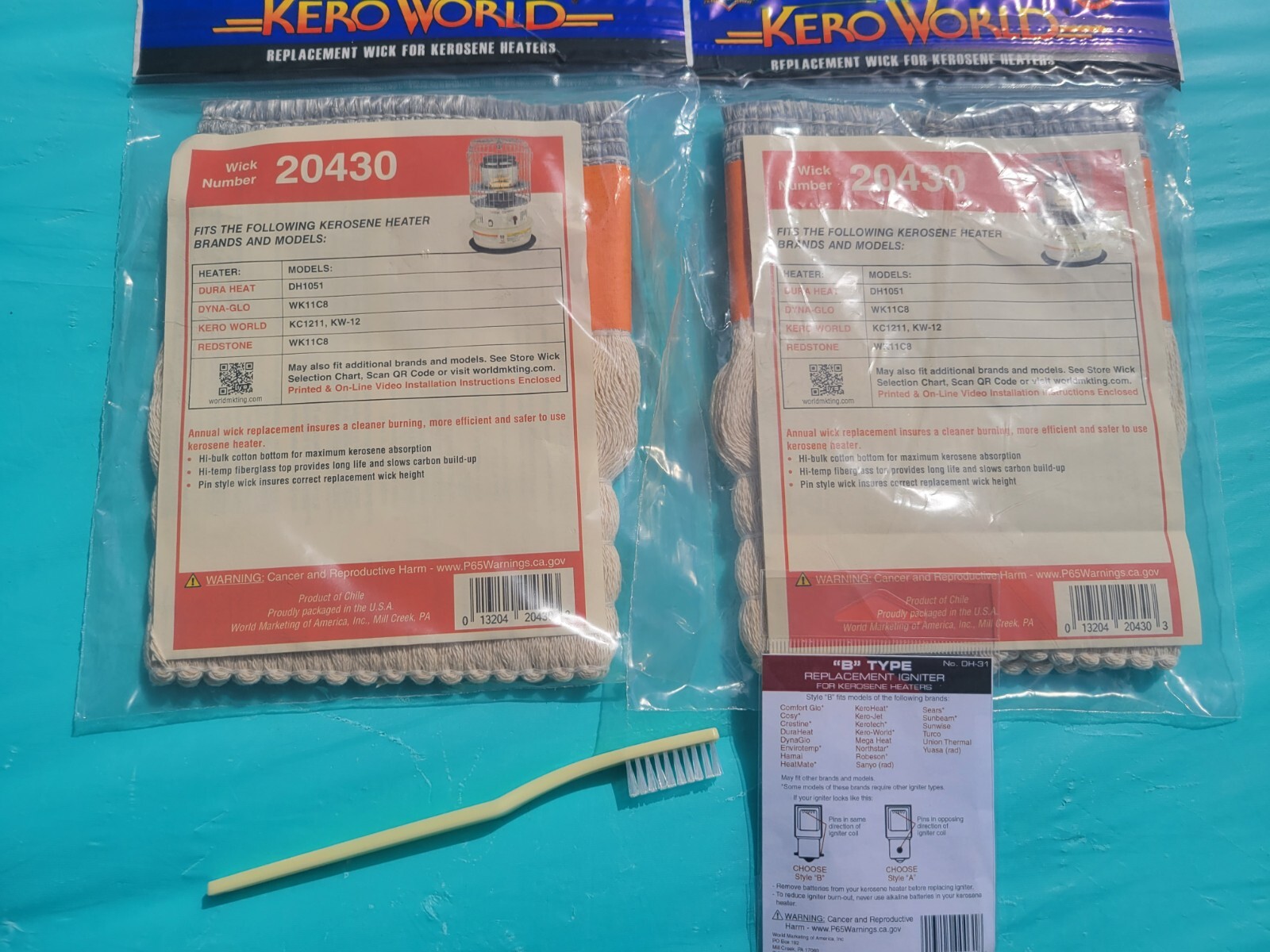 DYNA GLO WK11C8 *TWO* KEROSENE HEATER WICKS, IGNITER & WICK CLEAN BRUSH