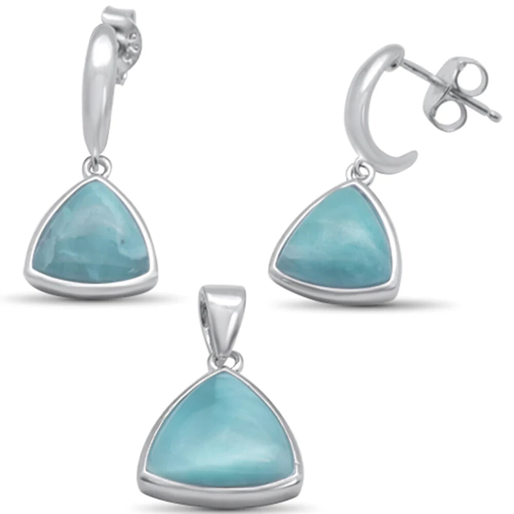 Set Di Gioielli In Argento Sterling 925 Con Ciondolo E Orecchini A Forma Di Trilione - Larimar Naturale E Zirconi