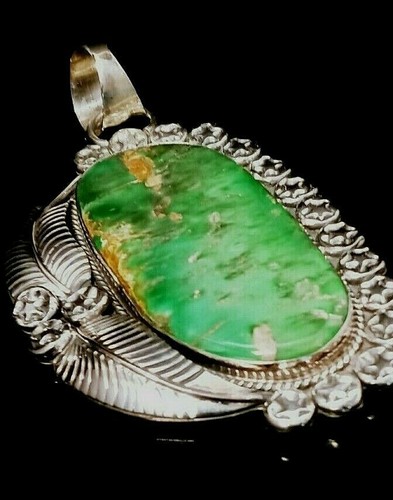 Native American Navajo Sterling Silver & Damele Turquoise Large Signed Pendant - Picture 10 of 12