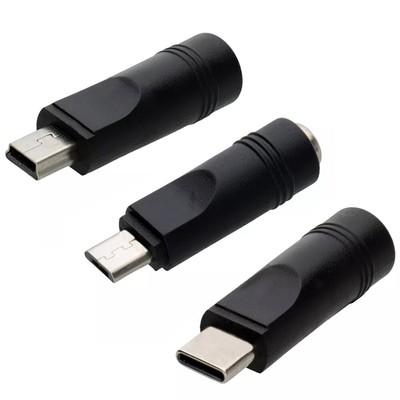 YJ80615 Jack Socket Power Adapters Plug Mini-USB USB-C to DC 2.1mm Black η