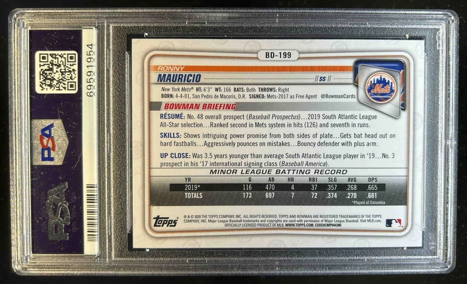 2020 Bowman Draft 1st Edition Ronny Mauricio Orange #15/25 Mets PSA 10 - Image 2 of 2
