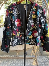 Chicos Embellished Floral Embroidered Open Front Black Jacket Size 2 Artsy