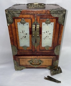 Vtg Chinese Republic Solid Rosewood Jewelry Box W/ Inlaid White Jade Panels