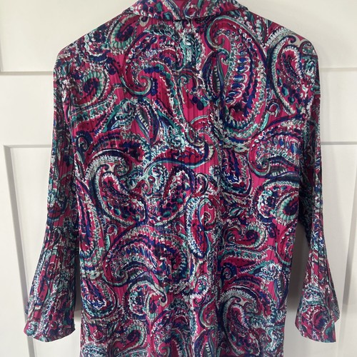 Splendida e incontaminata blusa Laura Scott viola paisley scrunched con bottoni XL usata in ottime condizioni - Foto 10 di 11