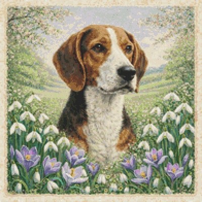 Hamiltonstovare Welpe Hund im Frühling. Kreuzstich gezählt