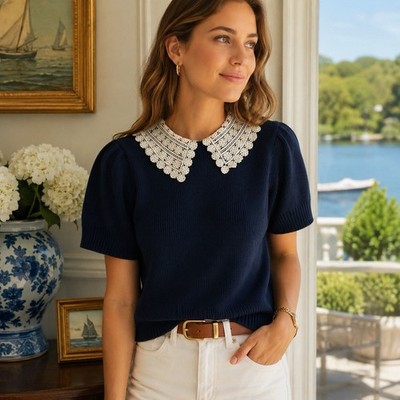 Caroline Constas Crochet Lace Collar Sweater M Navy Wool Old Money Peter Pan NWT