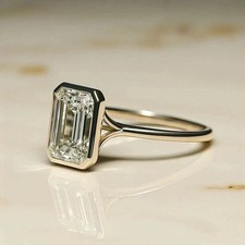 2Ct Emerald-Cut VVS1 Moissanite Bezel Engagement Ring 14K White Gold Plated