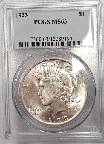1923 $1 Silver Peace Dollar - PCGS MS63 - Sharp,  Bright White, Brilliant  #P225
