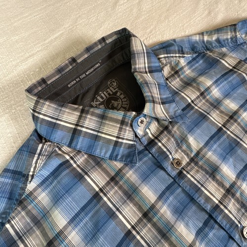 Kuhl Eluxur Blue Plaid Button Up Short Sleeve Shirt Outdoors Men’s Size Large