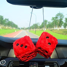 Fuzzy Plush Dice for Car Mirror, Pair of Retro 3  Red Dice with Black Dots fo...