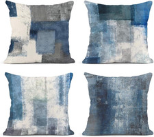 Set of 4 Throw Pillow Covers Blue and Grey White Art Artwork Contemporary Decora
