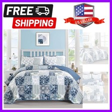 Quilts Queen Size, Blue White Patchwork Pattern Summer Bedspread Bedding Set,...