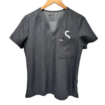 FIGS Scrub Top Womens Small Catarina Gray Short Sleeve Pullover + LOGO