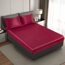 Silk Satin Wine Red Queen Fitted Sheet Only Deep Pocket Fitted Sheet Only Bre...