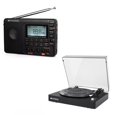 Retekess V115 Portable AM/FM Radio TR643 Vinyl Record Player Belt-Driven 3-Speed