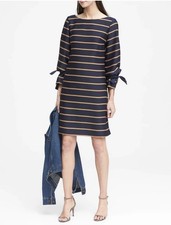 NWT Banana Republic Striped Shift Dress 16 Navy Gold Tie Sleeve Business Casual