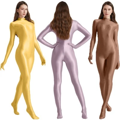 Damen Glitzer Einteiler Overalls Stretch Langarm Fitness Cosplay Zentai Bodysuit - Bild 1 von 4